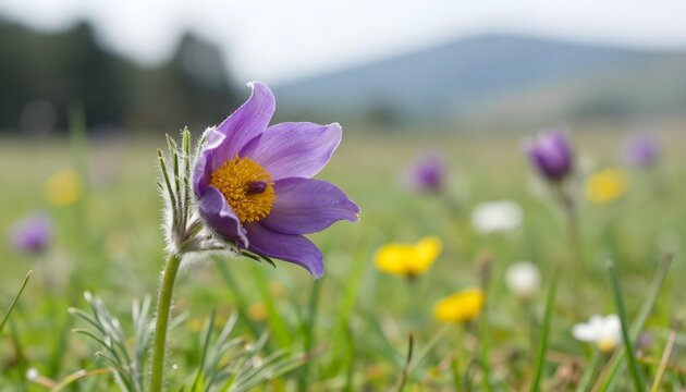 Close-up of a delicate purple pasqueflower blooming in a sunlit meadow