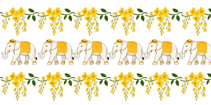 Clean flat vector multi-tier seamless border pattern with Ratchaphruek flowers and Thai white elephants
