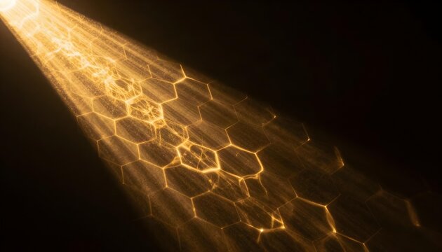 Golden hexagonal pattern illuminated by a dramatic beam of light