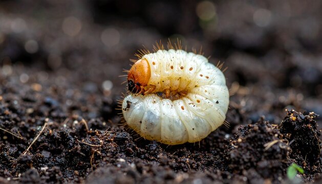 Macro Close-Up of a White Beetle Grub Larva in Dark Soil