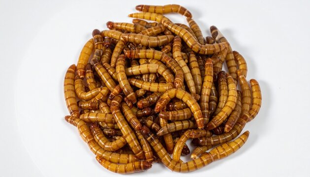 Dried Mealworms Larvae High Protein Sustainable Food and Animal Feed on White Background
