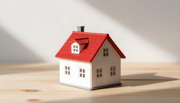 Miniature white house with a bright red corrugated roof sits on a wooden surface