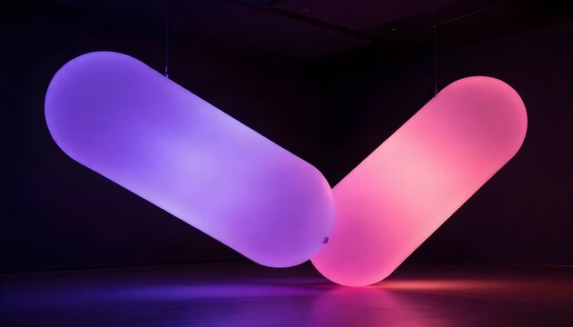 Modern art installation featuring two large, glowing, capsule-shaped lights