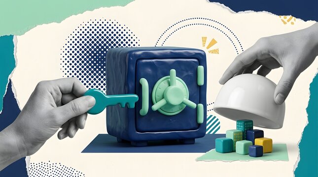 Hands holding key and lifting dome cover near safe deposit box for security financial asset protection montage