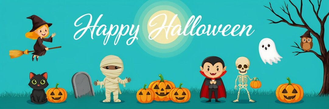 Happy halloween banner with cute cartoon characters including a witch vampire mummy ghost and pumpkins