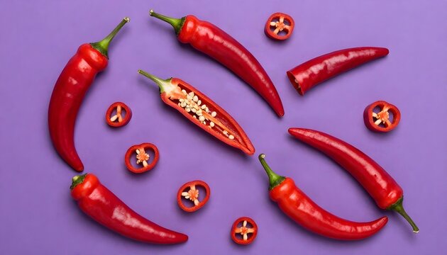 Vibrant red chili peppers scattered on a purple background, some sliced open