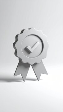 A silver, 3D award ribbon with a checkmark symbol against a white background