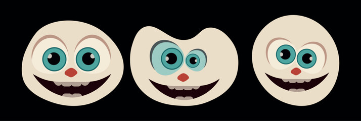 A set of three stylized round alien monster characters featuring expressive wide blue eyes and friendly smiles. These vector-style illustrations are set against a solid black background ideal. © Khairun