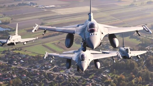 F-16 Fighting Falcon Squadron Flies in Tight Formation Demonstrating Precision, Combat Readiness, Air Superiority, and Tactical Excellence.