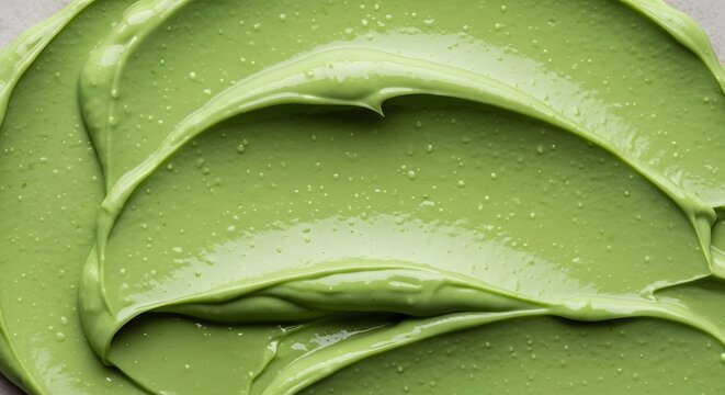 Close up of smooth green cosmetic cream or matcha paste texture with soft swirls