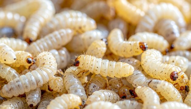 Macro Close-Up of White Insect Larvae Grubs for Fishing Bait or Protein Source