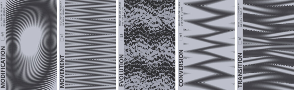 Abstract monochrome geometric textures set, 5 grey scale vector backgrounds, wavy lines and distorted glitch patterns
