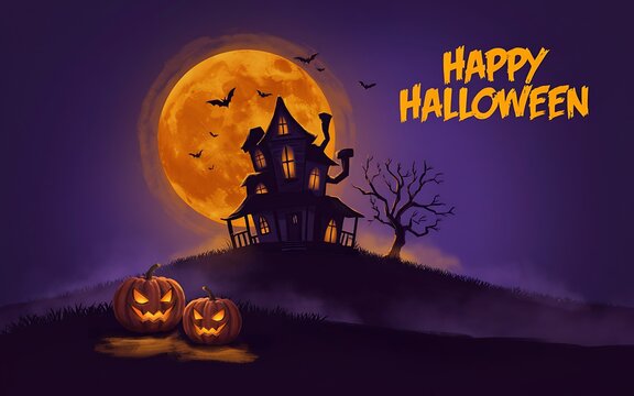 Spooky haunted house silhouette with glowing pumpkins and a large full moon for halloween night background