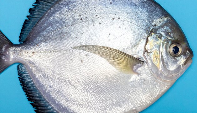 Fresh Raw Silver Pomfret Fish Whole on Blue Background Close-up