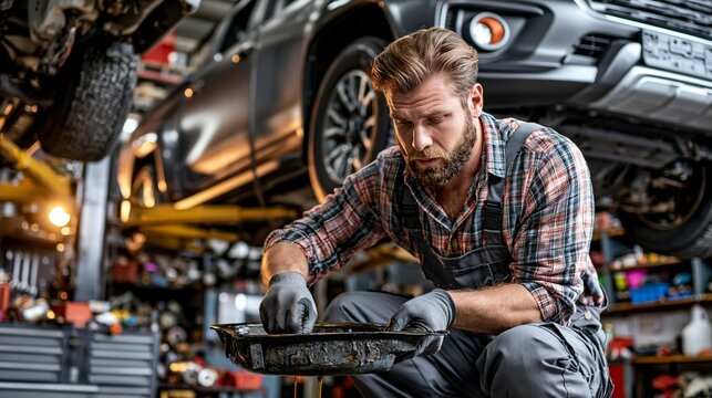 AI generator images of Professional auto mechanic changing engine oil beneath a modern pickup truck on a hydraulic lift, draining used oil into a collection pan, wearing protective gloves, organized 