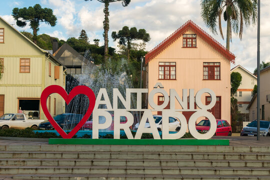 Antonio Prado, Brazil - July 24th 2025: Garibaldi Square with the &ldquo;I Love Ant&ocirc;nio Prado&rdquo; sign in Ant&ocirc;nio Prado, Rio Grande do Sul, Brazil