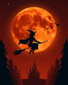 Silhouette of a witch flying on a broomstick against a large glowing orange full moon