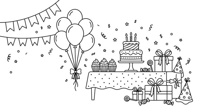 Birthday celebration elements including balloons, a tiered cake, and wrapped presents are set up on a table for a festive party scene.