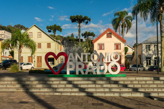 Antonio Prado, Brazil - July 24th 2025: Garibaldi Square with the &ldquo;I Love Ant&ocirc;nio Prado&rdquo; sign in Ant&ocirc;nio Prado, Rio Grande do Sul, Brazil
