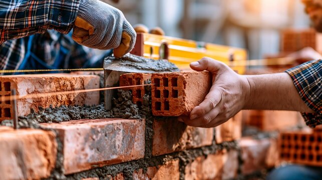 AI generator images of Professional bricklayer laying red clay bricks with mortar, using mason's trowel, spirit level and string line, building a straight brick wall, active construction site