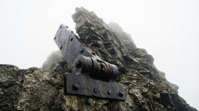 Old rusty metal hinge attached to jagged mountain rock