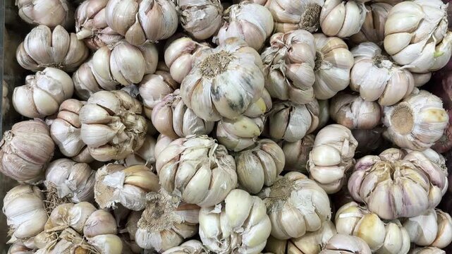 A pile of fresh garlic. A kitchen staple always used in cooking. A video of garlic featuring smooth movement.