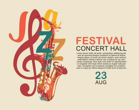 Vector colored poster or banner for a jazz music with a saxophone, treble clef and decorative lettering. Suitable for flyer, invitation, poster, cover, icon, design element, advertising
