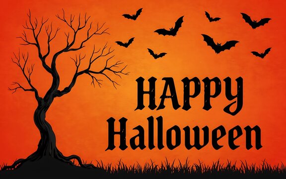 Happy halloween greeting card design with a spooky tree and flying bats on orange background