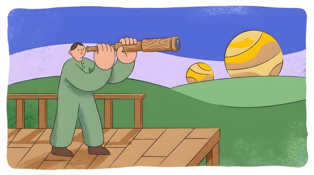 Person looking through spyglass from wooden deck representing business strategy vision and future outlook