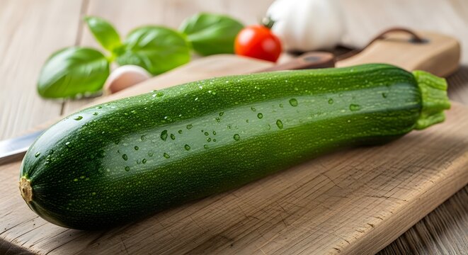 Fresh green zucchini squash on a wooden cutting board with basil and garlic cloves