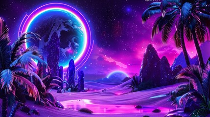 Naklejka premium Neon-lit alien landscape with a planet ringed in electric colors, palms, and rocks