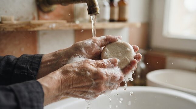 Close up of an elderly person washing hands with soap bar