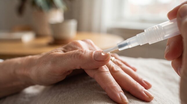 Close up of an older woman applying nail oil on cuticle