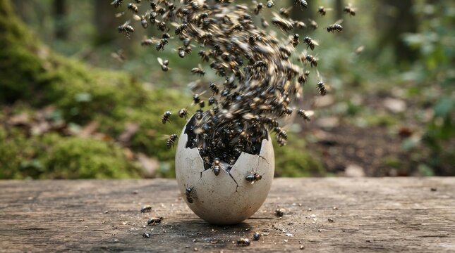 Swarm of bees emerging from a cracked egg on a wooden surface