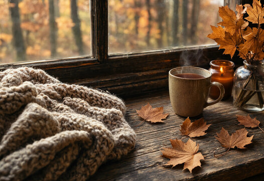 Warm autumn atmosphere with a steaming cup of tea and fallen leaves on a rustic wooden ledge