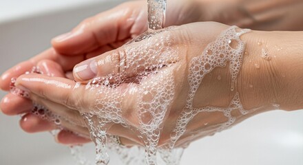 Fototapeta premium Hand washing with soap and water, hygiene, close-up