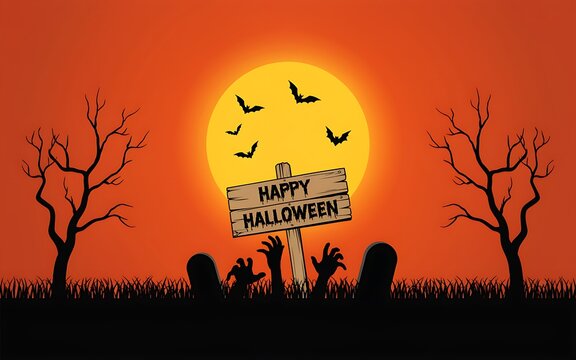 Happy halloween greeting card design with a spooky graveyard silhouette against a bright full moon background