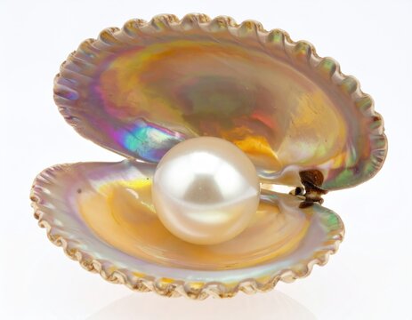 A lustrous, single pearl rests in an open, iridescent seashell