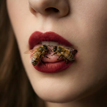 Closeup of a womans lips with two bees sitting on her tongue showcasing a striking contrast of natural elements and beauty emphasizing the relationship between humans and nature