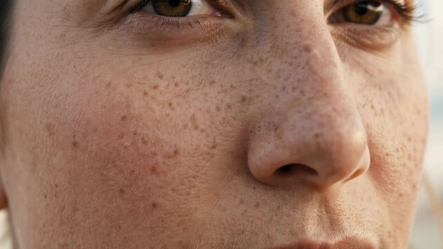 Slow tracking shot of freckled woman face close up turning and blinking in natural outdoor seaside light, intimate skin texture study showing pores freckles and soft golden tones