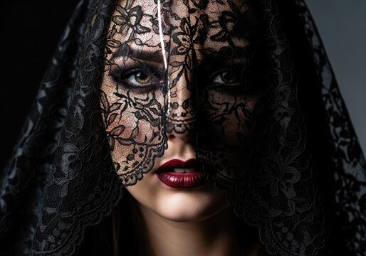 Close Up Portrait Of A Mysterious Woman With Intense Eyes Wearing A Detailed Black Lace Mantis Veil And Dark Red Lipstick In Chiaroscuro Style Dramatic Studio Lighting.