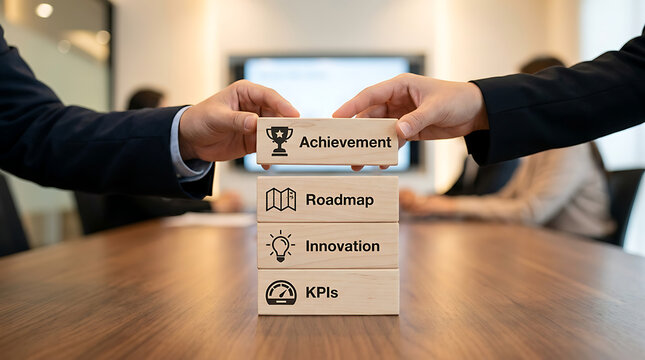 Business Achievement Strategy Concept with Wooden Blocks Showing Roadmap, Innovation and KPIs