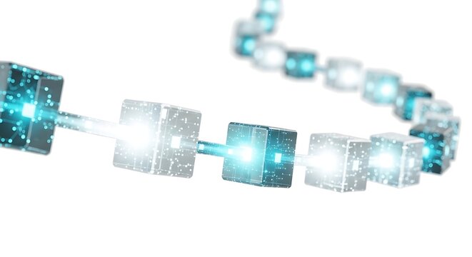 Interconnected cubic blocks with glowing lines on a transparent background digital rendering block cube linked