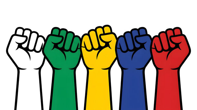 Illustration of five colorful raised fists representing diversity unity equality and social justice on white background