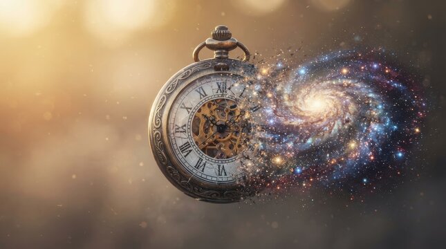 Vintage pocket watch disintegrating into a galaxy