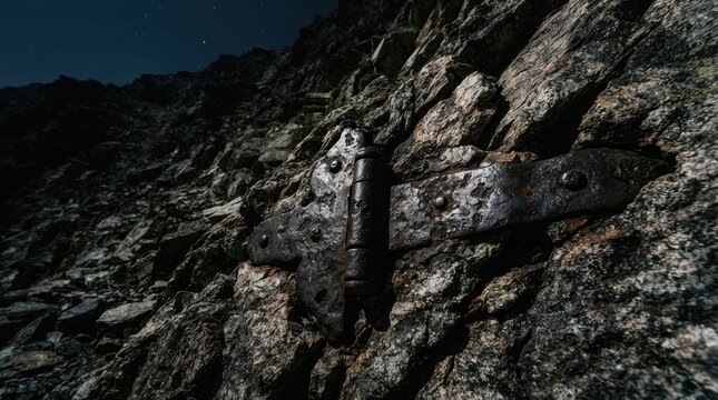 Old rusty metal hinge on dark rocky mountain surface at night