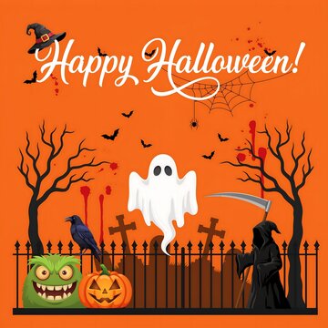 Happy halloween greeting card with ghost pumpkin grim reaper and spooky graveyard on orange background
