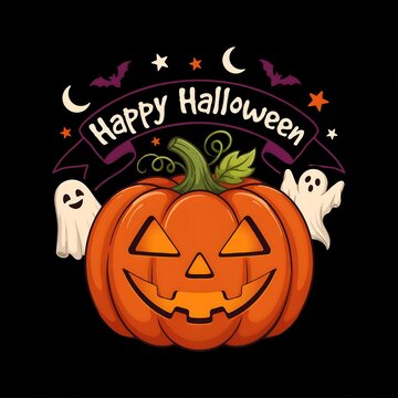 Happy halloween greeting card design with a cute carved pumpkin and friendly ghosts on black