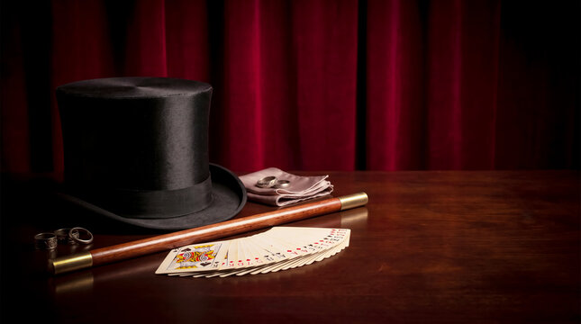 Black top hat rests on a polished wooden table. Vintage monocle and brass cane lie nearby. Delicate lace fan adds elegant detail. Deep red velvet curtains frame the scene