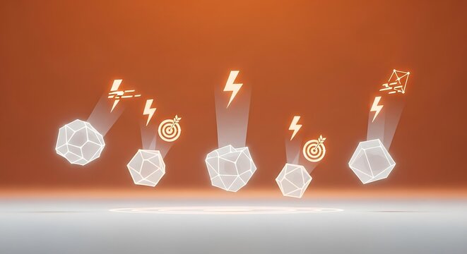 Geometric Diamond Shapes With Lightning Bolts And Target Icons 3d Rendering polyhedron faceted crystal shape